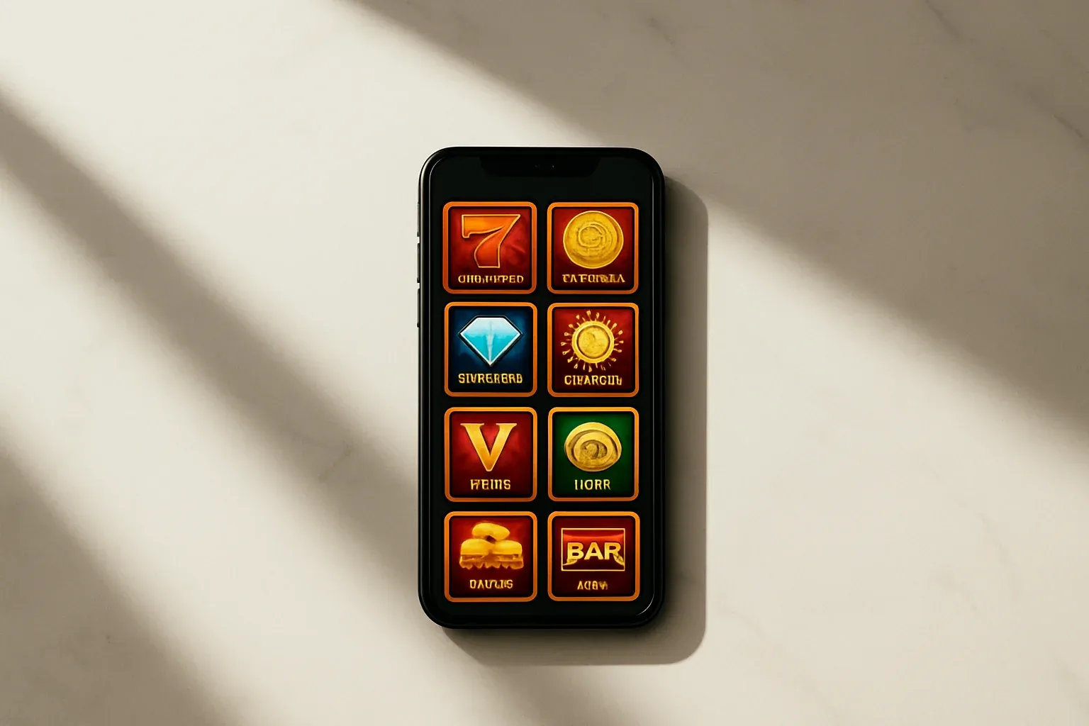 Smartphone on white marble showing bright casino game selection grid