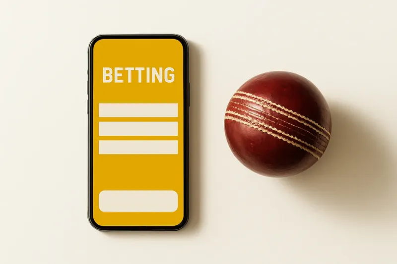 Smartphone with betting app beside cricket ball on white background