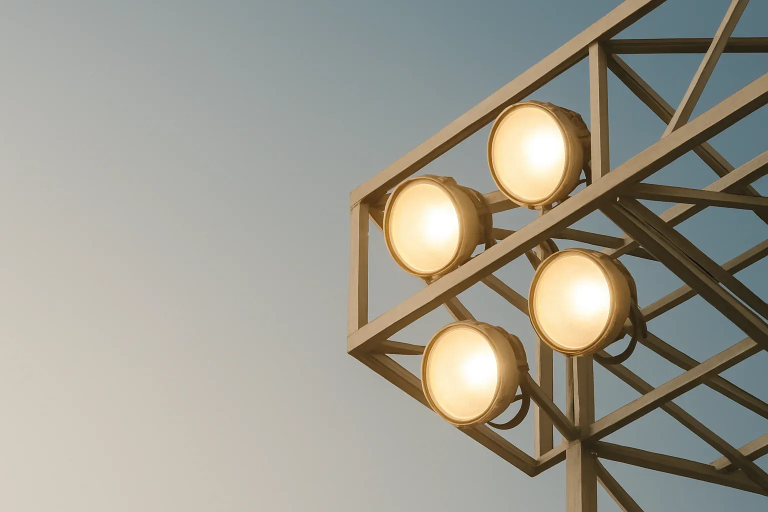 Looking up at four bright stadium lights through metal structure