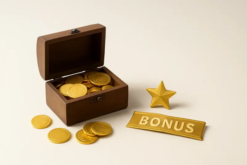 Open treasure box with gold coins, star badge, and bonus ribbon