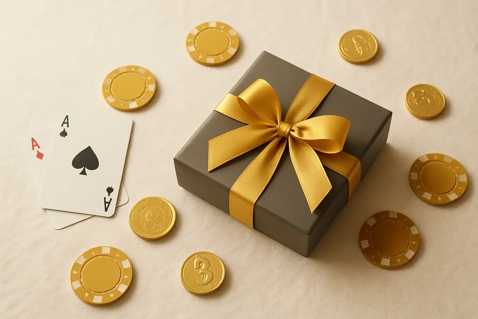 Premium gift box with casino chips, cards, and gold coins