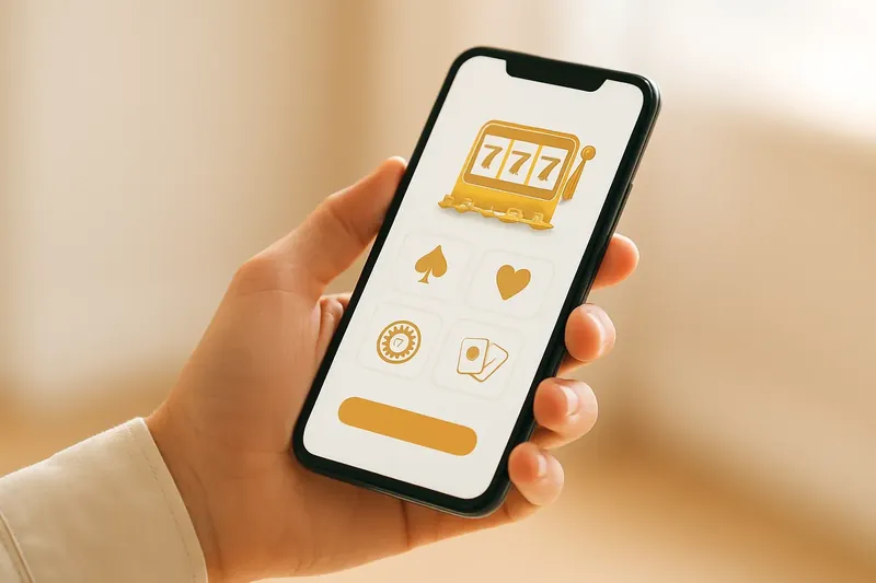 Hand holding smartphone with clean light-themed casino app interface