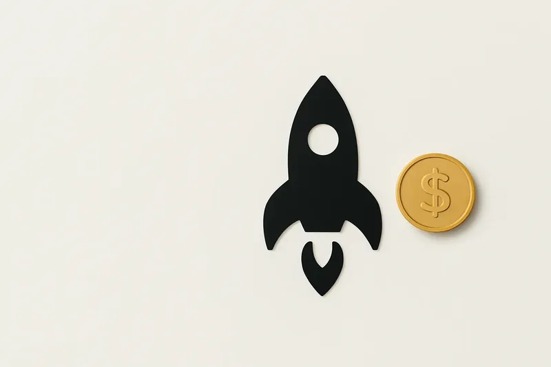 Minimalist rocket icon with gold coin on white background