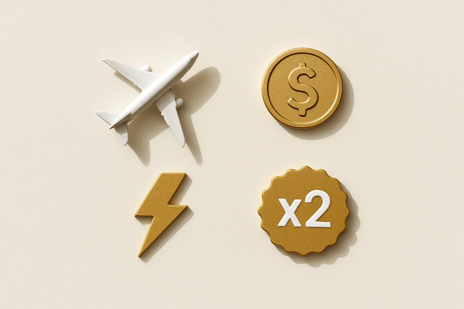 Overhead flat lay with airplane figurine, gold coin, lightning token