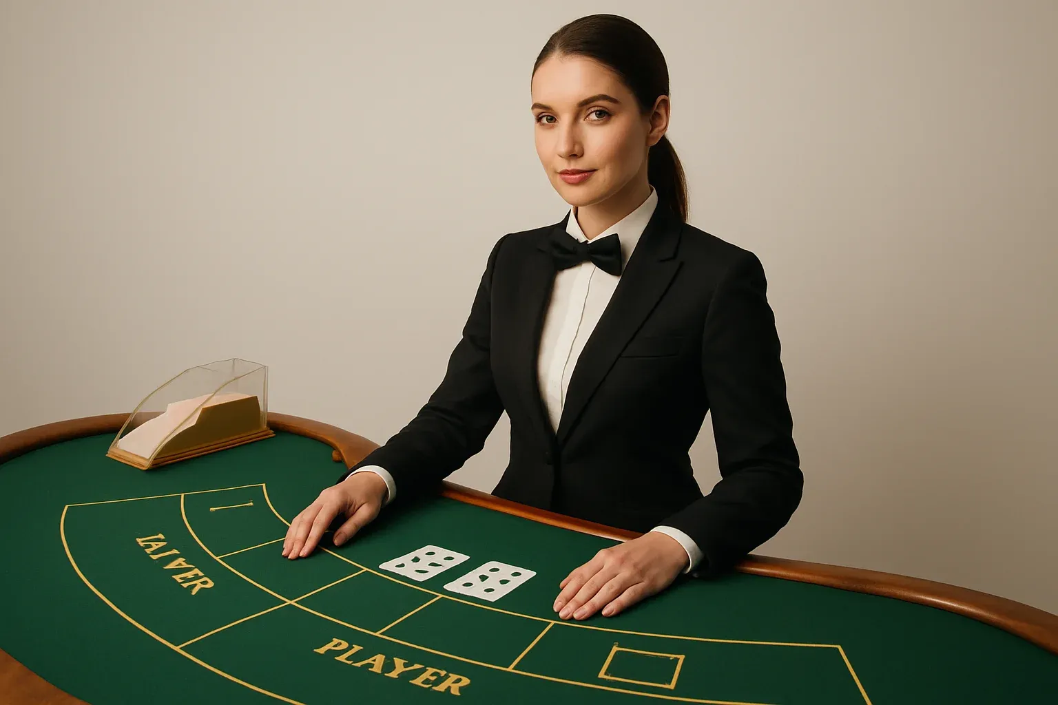 Professional female dealer at elegant live baccarat table in casino