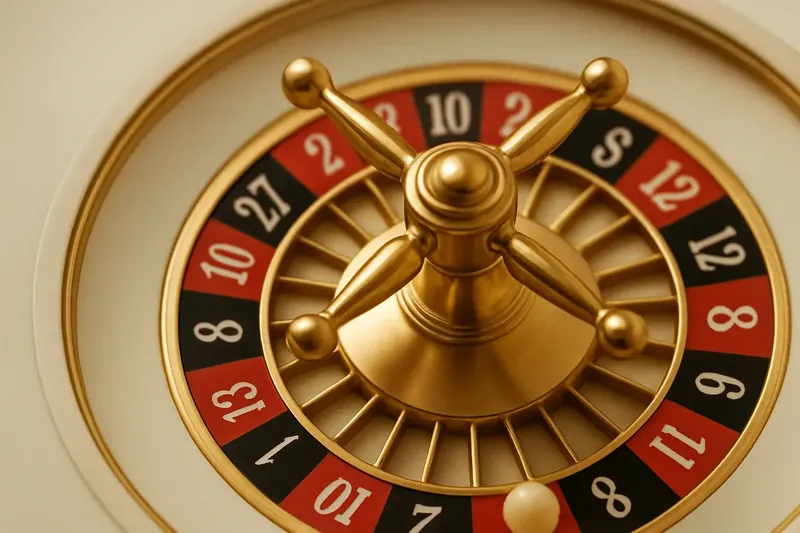 Close-up overhead of roulette wheel center with gold accents