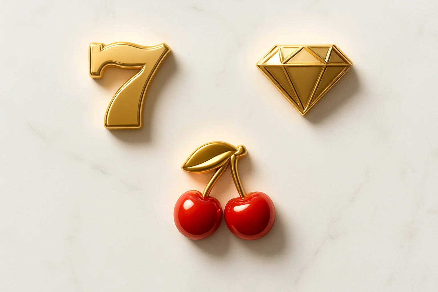 Overhead flat lay of 3D slot symbols on white marble