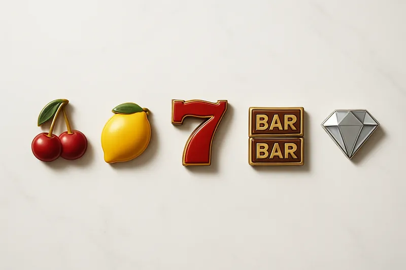 Five polished slot symbols in a neat row on white marble